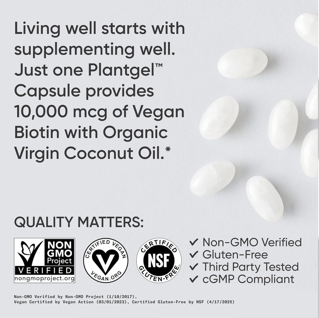 Sports Research® Biotin 10,000Mcg with Organic Coconut Oil - Biotin (Vitamin B7) for Healthy Skin and Hair Support* - for Women and Men - Vegan, Non-Gmo, Gluten & Soy-Free - 120 Veggie Softgels