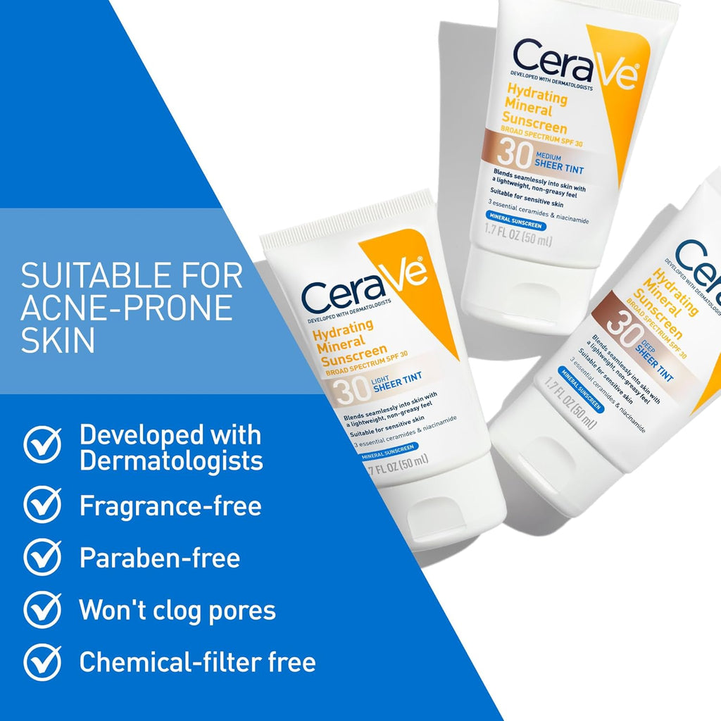 Hydrating Mineral Sunscreen SPF 30 with Sheer Tint, Tinted Mineral Sunscreen with Zinc Oxide & Titanium Dioxide, Blends Seamlessly for Healthy Glow, Light, 1.7 Oz