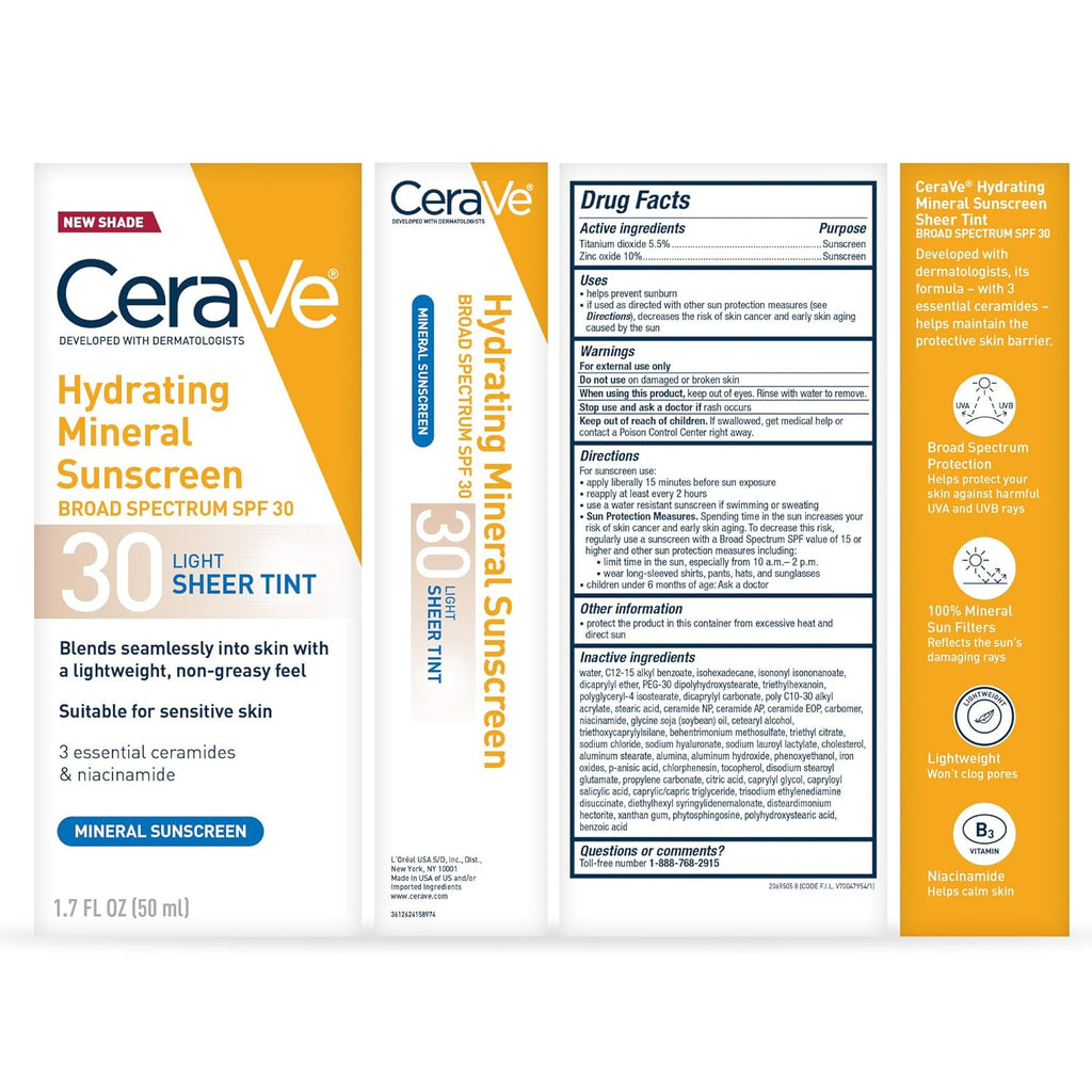 Hydrating Mineral Sunscreen SPF 30 with Sheer Tint, Tinted Mineral Sunscreen with Zinc Oxide & Titanium Dioxide, Blends Seamlessly for Healthy Glow, Light, 1.7 Oz