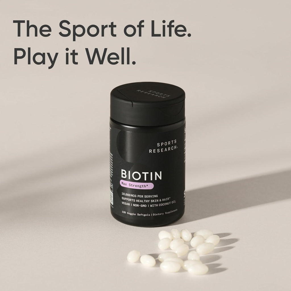 Sports Research® Biotin 10,000Mcg with Organic Coconut Oil - Biotin (Vitamin B7) for Healthy Skin and Hair Support* - for Women and Men - Vegan, Non-Gmo, Gluten & Soy-Free - 120 Veggie Softgels